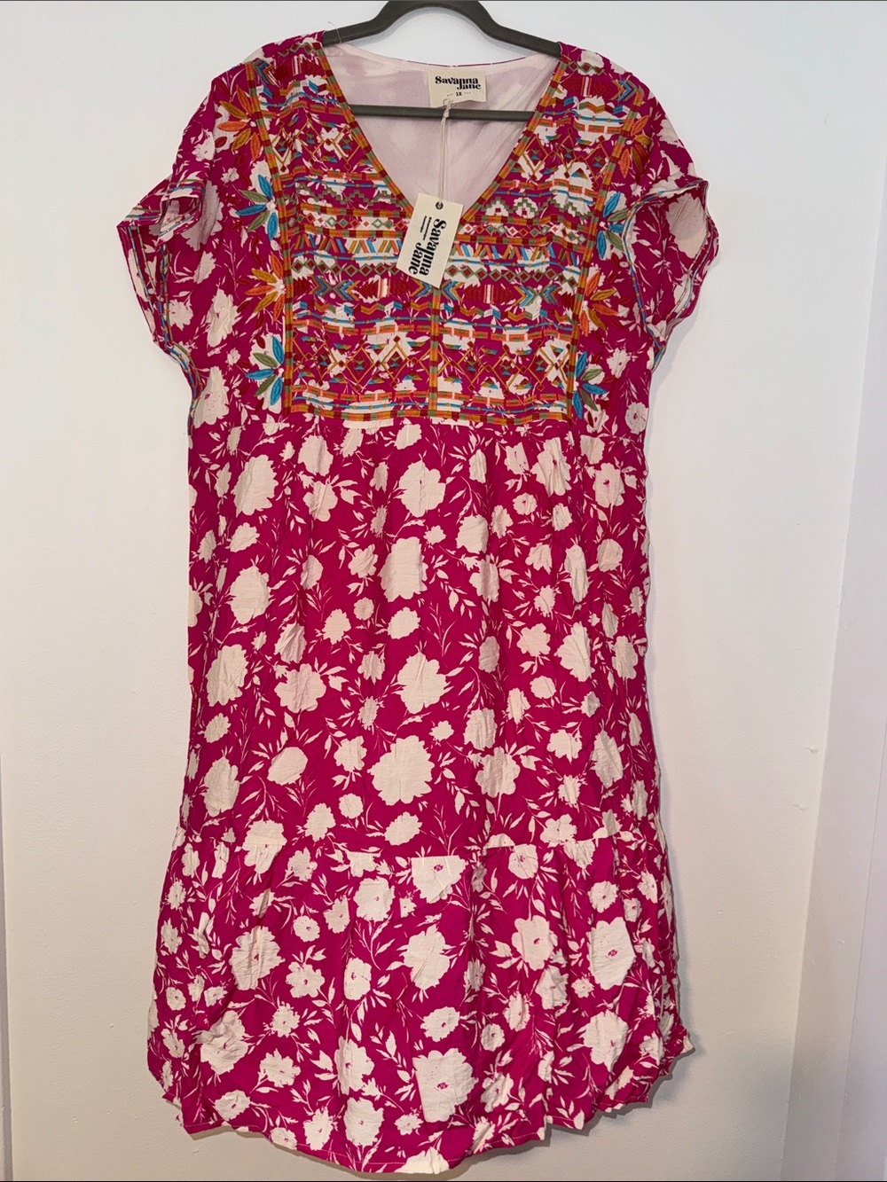 Savanna Jane Pink Floral Embroidery Boho Dress, Size 1X